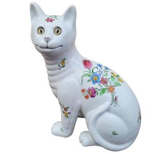 Emile Gallé, Chat En Faïence Polychrome, Art Nouveau, fin XIXème Siècle