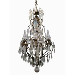 Grand Lustre Cage En Bronze Et Cristal (h142cm), XXème Siècle