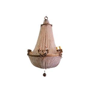 Grand Lustre (H153cm) Sac à Perles, ou montgolfière, Fin XIXème Début XXème Siècle