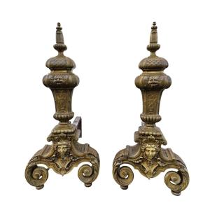 Pair Of Louis XIV Style Bronze And Iron Andirons, 19th Century