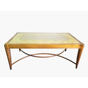 Attr. M Jallot, Oak Center Table, Painted Top Under Glass, 20th Century