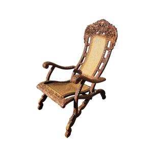 Carved Wooden Folding Armchair, India 19th Century