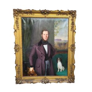 Portrait Of A Gentleman And His Dog (h160cm), Framed Hst, 19th Century