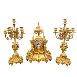 Garniture De Cheminée En Bronze Doré, Napoléon III, XIXème Siècle