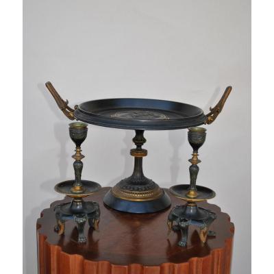 Bronze Cup + Napoleon III Candlesticks, XIXth Century