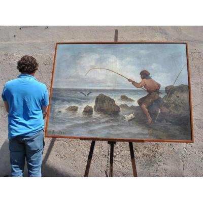 *promotion d'été *j Suchet, Oil On Canvas, Fisherman On The Coast Marseille XIXth