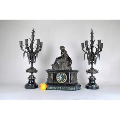 James Pradier, Garniture De Nemausa, Bronze And Marble, XIXth Century