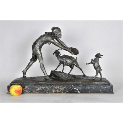 *Offre spéciale*Drouot, Grand Bronze Orientaliste Femme à La Chèvre, Fin XIXème Siècle