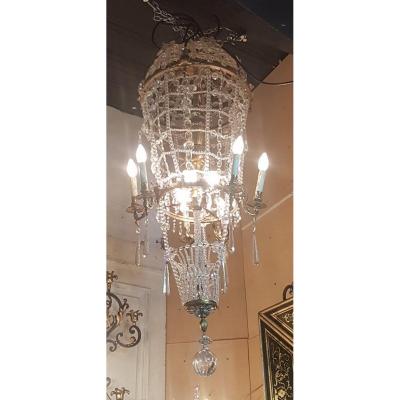 Large Chandelier In The Shape Of A Hot-air Balloon In Bronze And Crystal, 20th Century