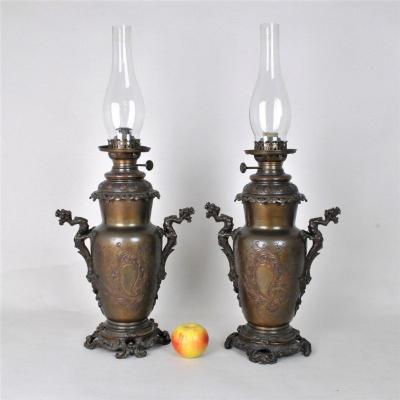 Paire De Lampes à pétrole Chinoisantes, Bronze XIXème Siècle