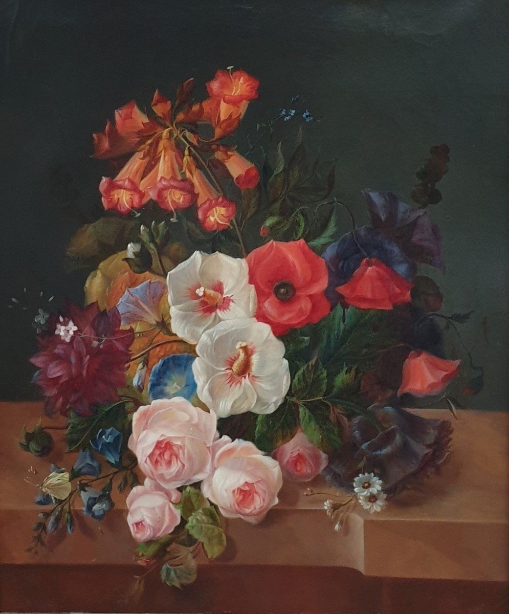 Gabriel DUDAN - Bouquet de roses, digitales, coquelicots, violettes et marguerites