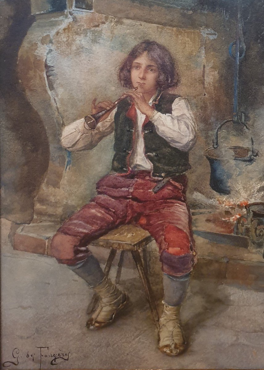 G. DES FOUGERES (XIXe) - Le jeune joueur de flûte-photo-3