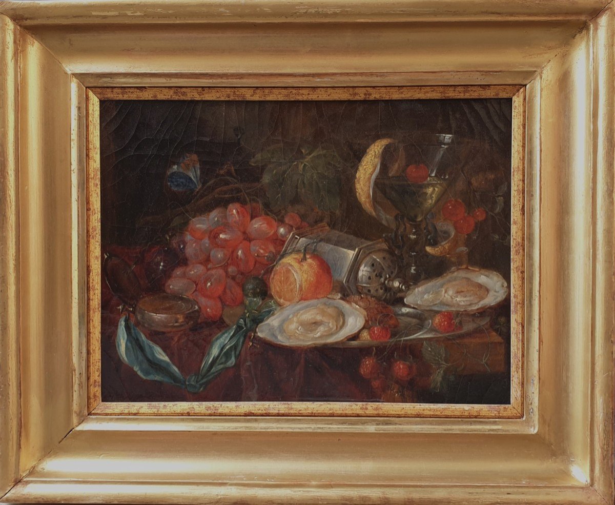 Ecole française du XIXe siècle- Nature morte aux fruits rouges avec une boussole et des huîtres-photo-2