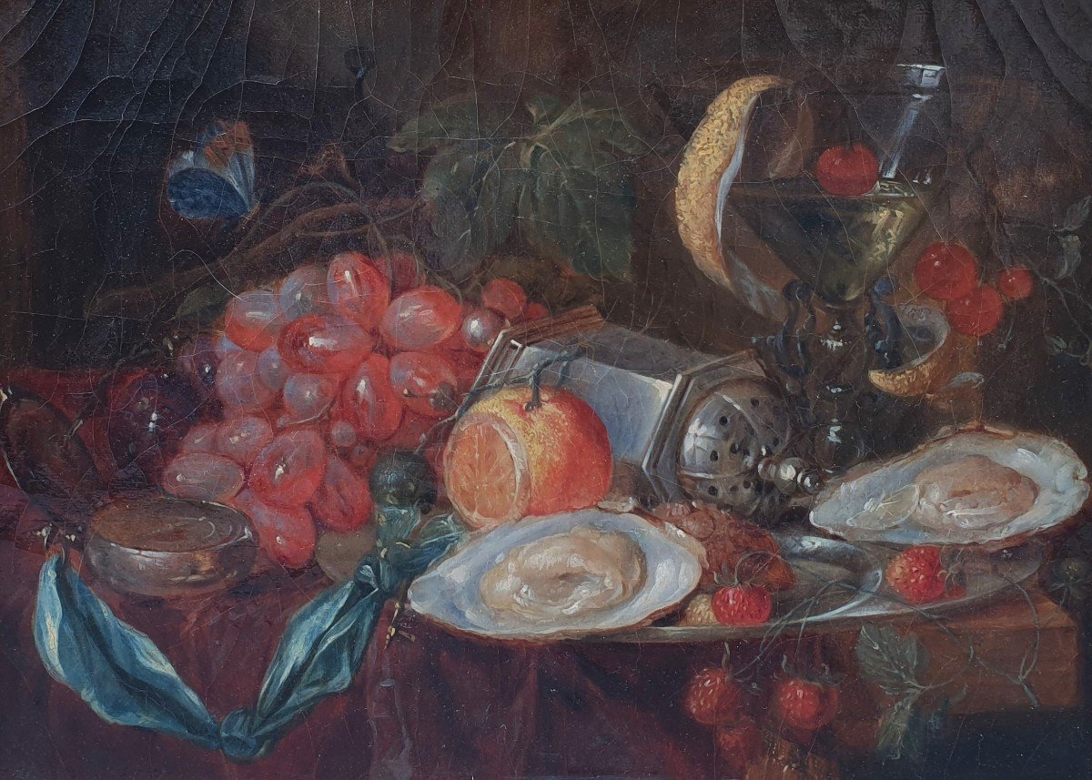 Ecole française du XIXe siècle- Nature morte aux fruits rouges avec une boussole et des huîtres