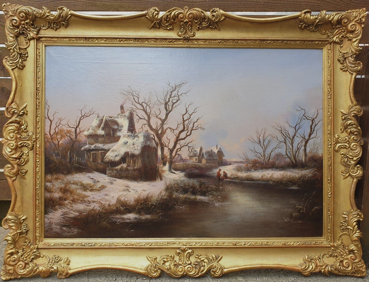 Georg Höhn - Snow Landscape With Houses And People Near A River-photo-2