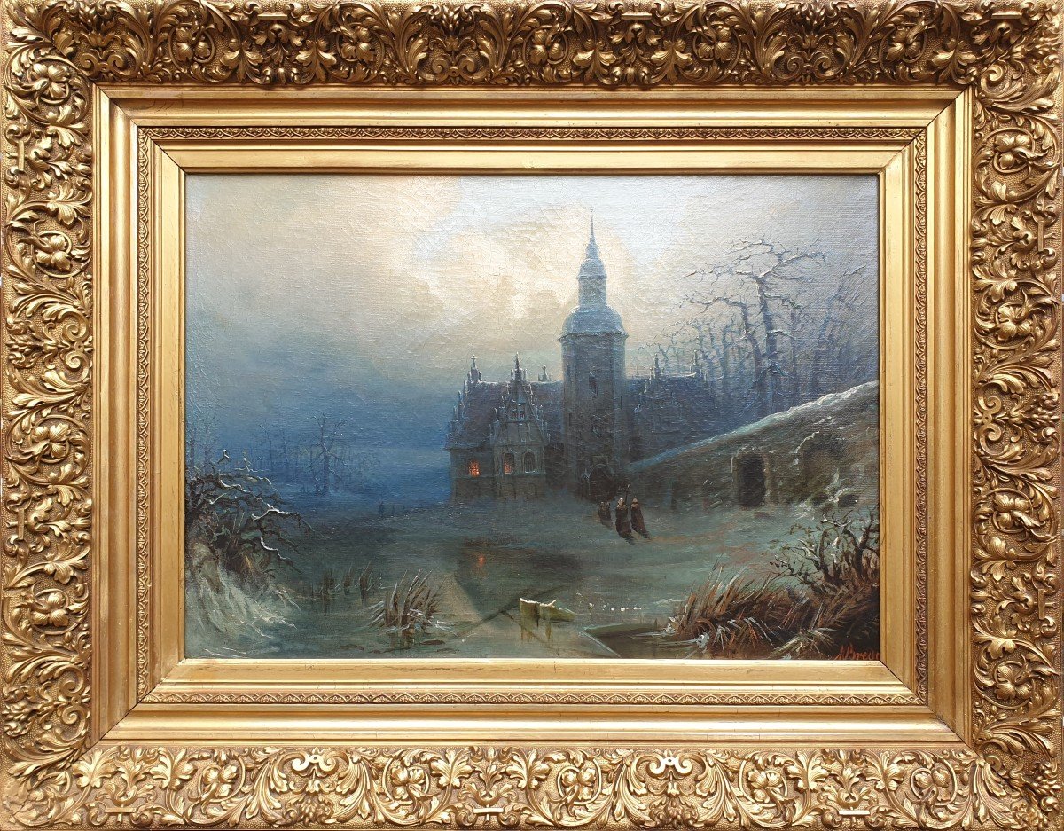 Albert BREDOW - Paysage de neige avec une église au clair de lune-photo-2