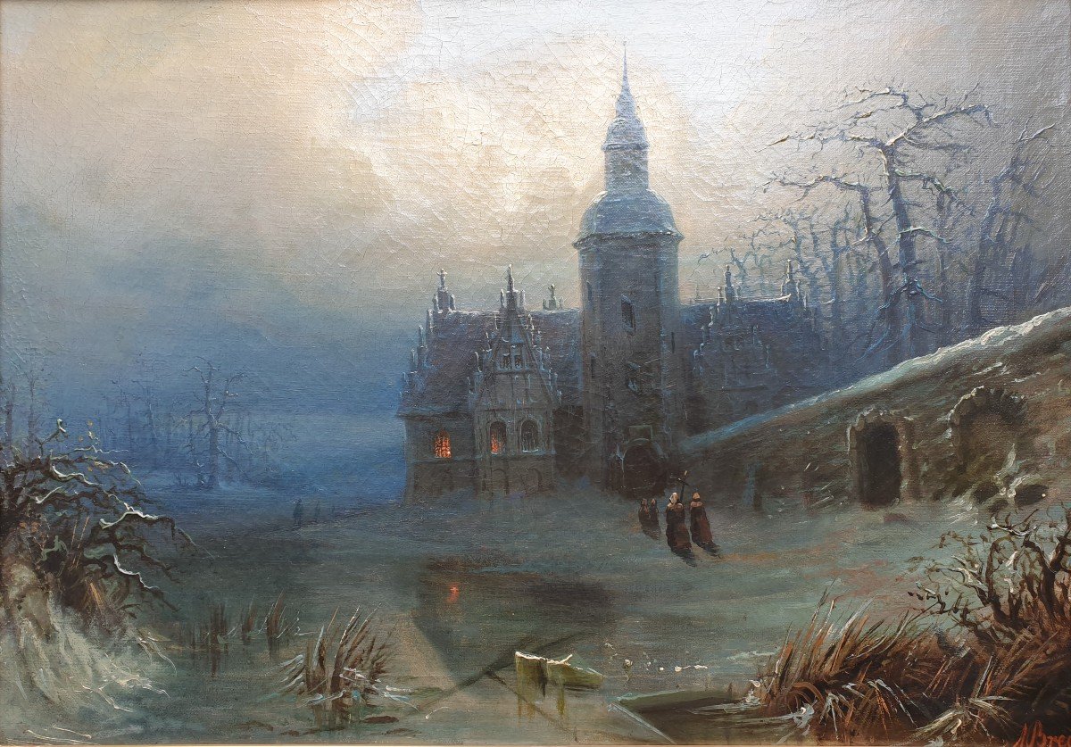 Albert BREDOW - Paysage de neige avec une église au clair de lune