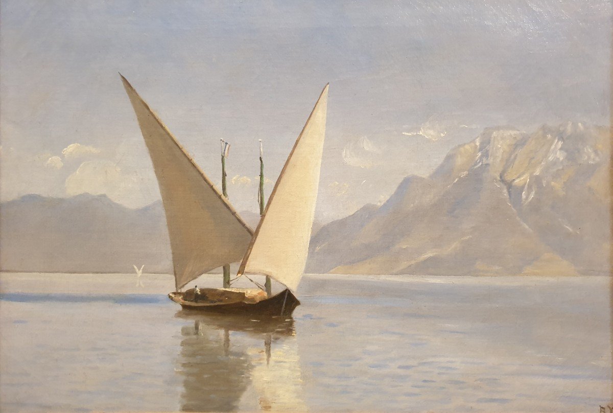 Ecole suisse de la fin du XIXe siècle - Barque sur le lac Léman-photo-2