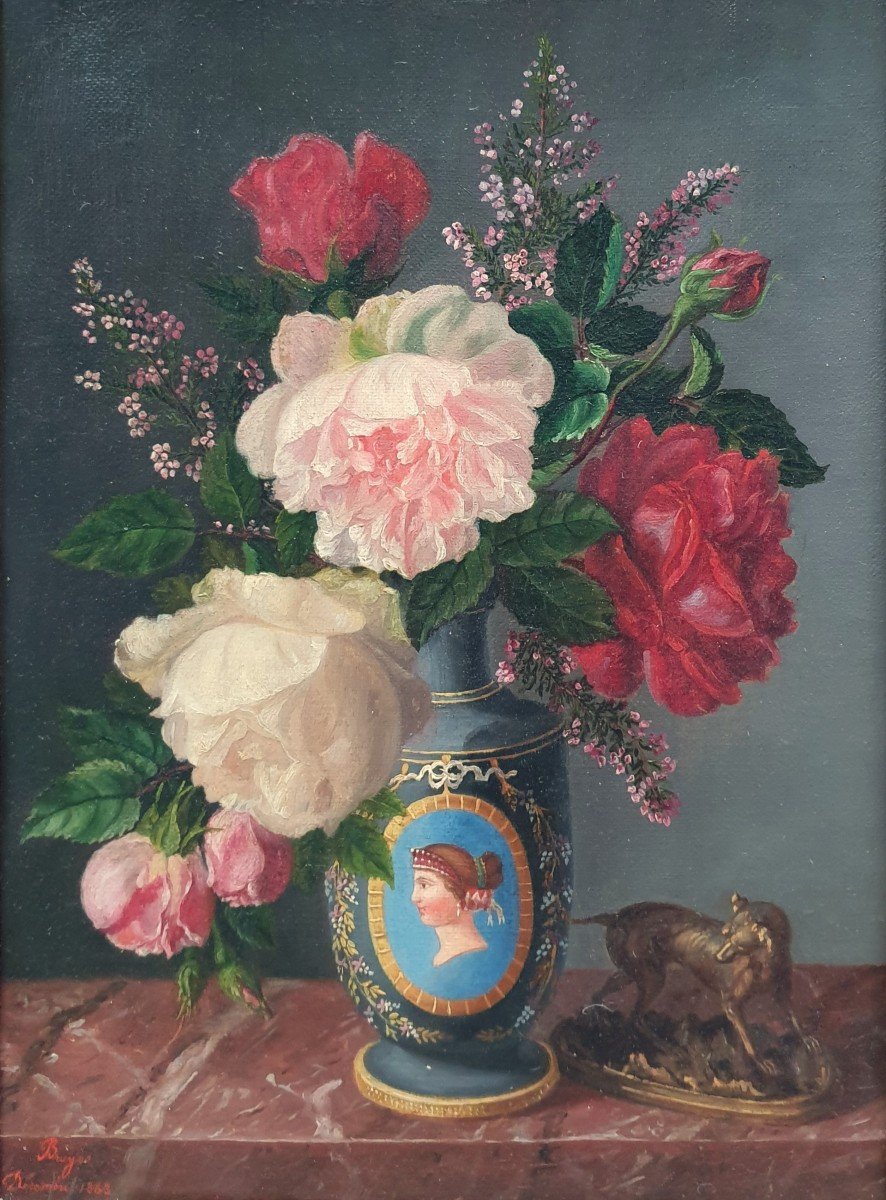 Marc Bruyas - Bouquet Of Roses In A Vase And Sculpture-photo-2