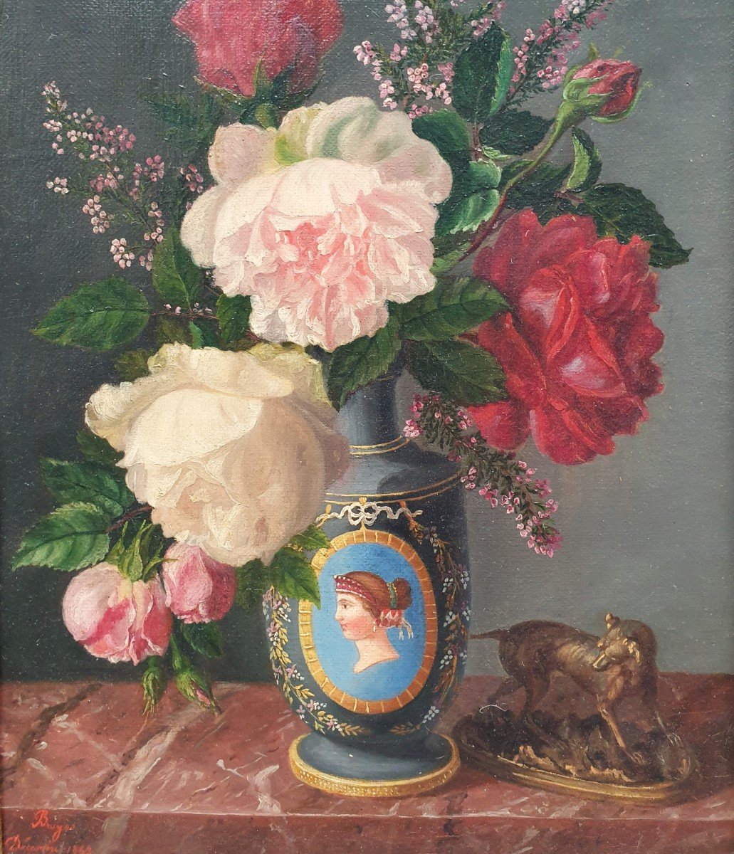 Marc Bruyas - Bouquet Of Roses In A Vase And Sculpture-photo-3