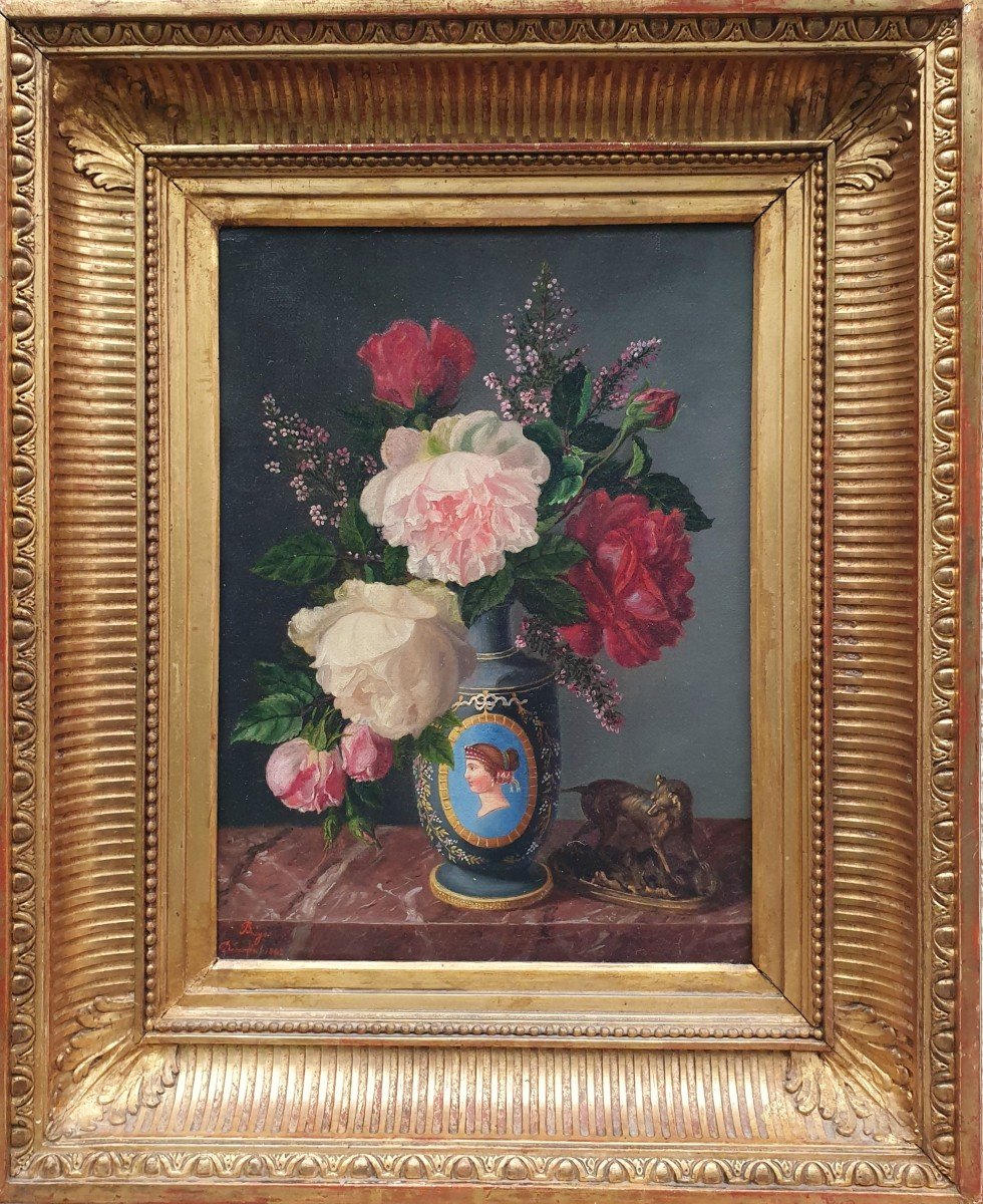 Marc Bruyas - Bouquet Of Roses In A Vase And Sculpture-photo-2