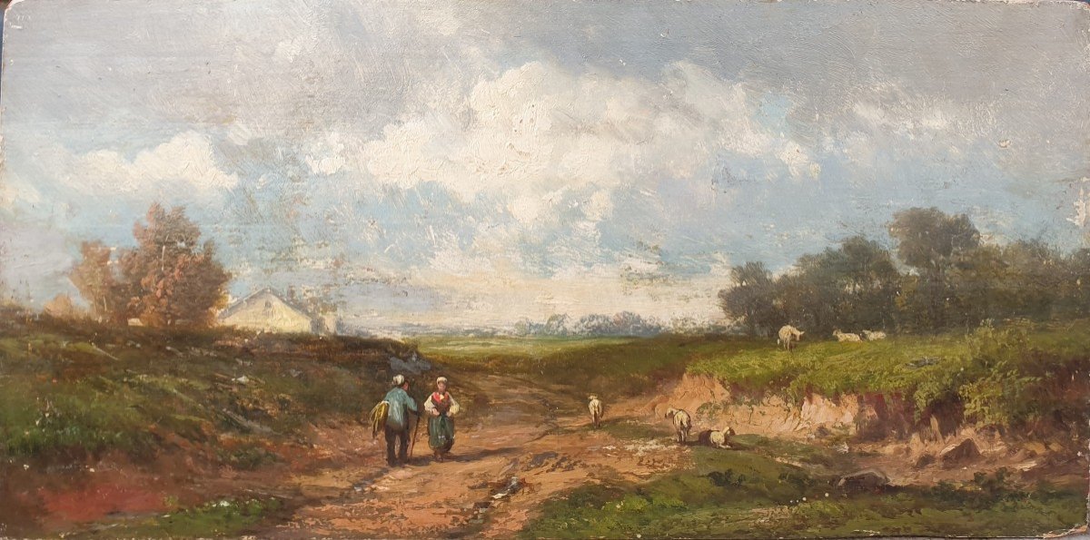 Jules DUPRE (Attribué à) - Paysage de bord de forêt avec deux personnages sur un chemin