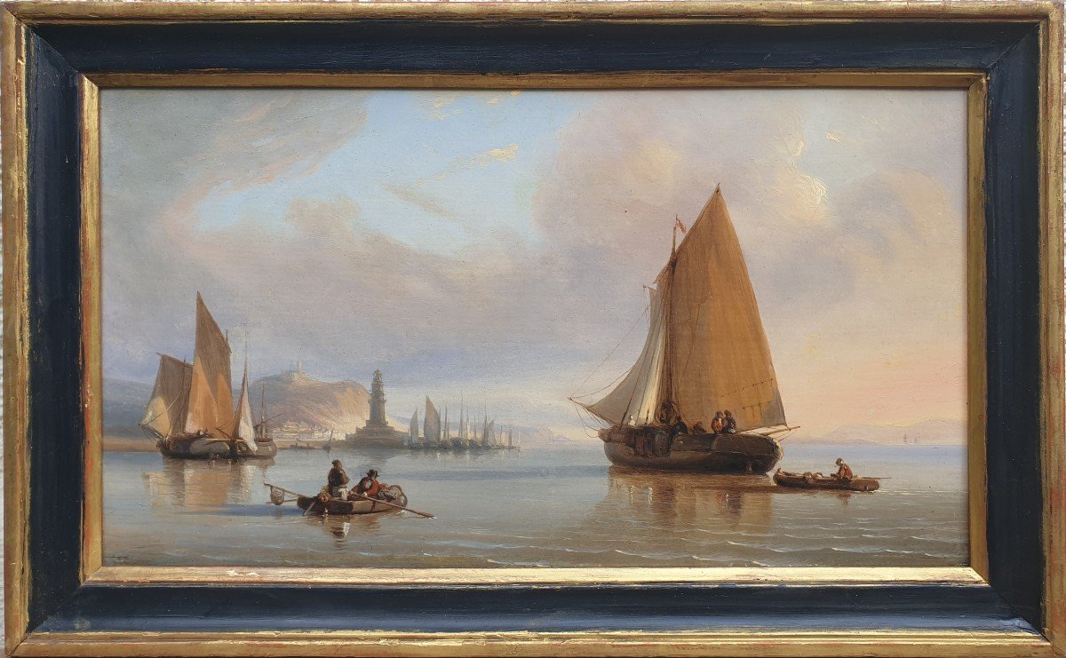 John Wilson CARMICHAEL (Attribué à) - Bateaux près d'un port par temps calme