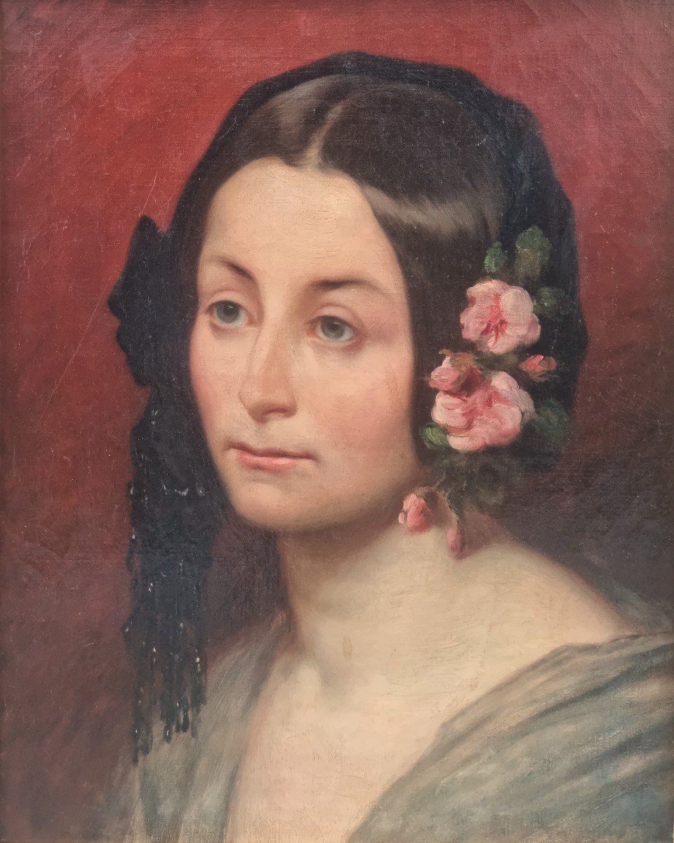 Ecole française autour de 1850 - Portrait d'une femme avec des fleurs dans les cheveux-photo-2