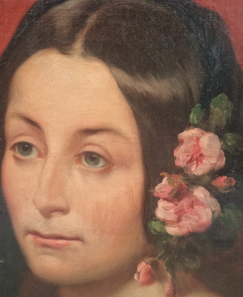 Ecole française autour de 1850 - Portrait d'une femme avec des fleurs dans les cheveux-photo-3