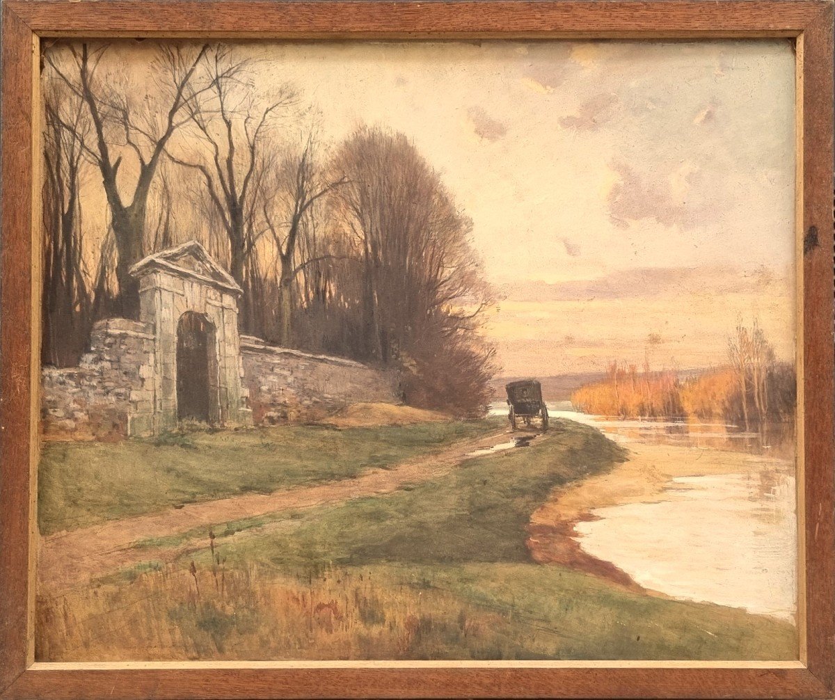 Henri JOURDAIN - Paysage en bord de rivière avec une calèche-photo-2