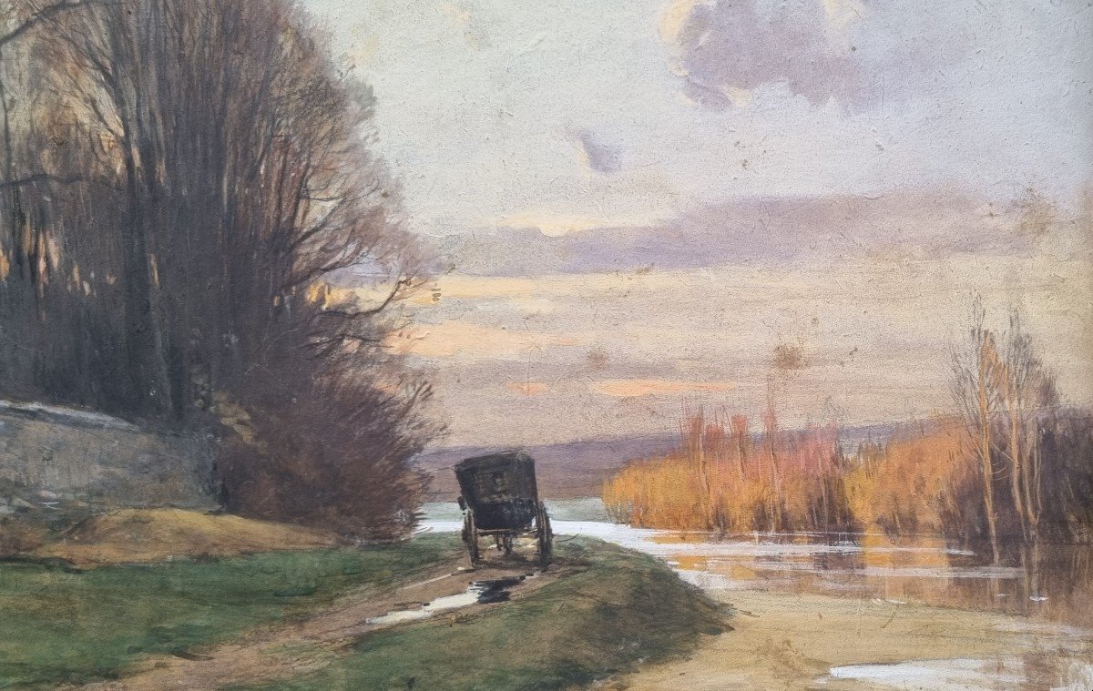 Henri JOURDAIN - Paysage en bord de rivière avec une calèche-photo-3