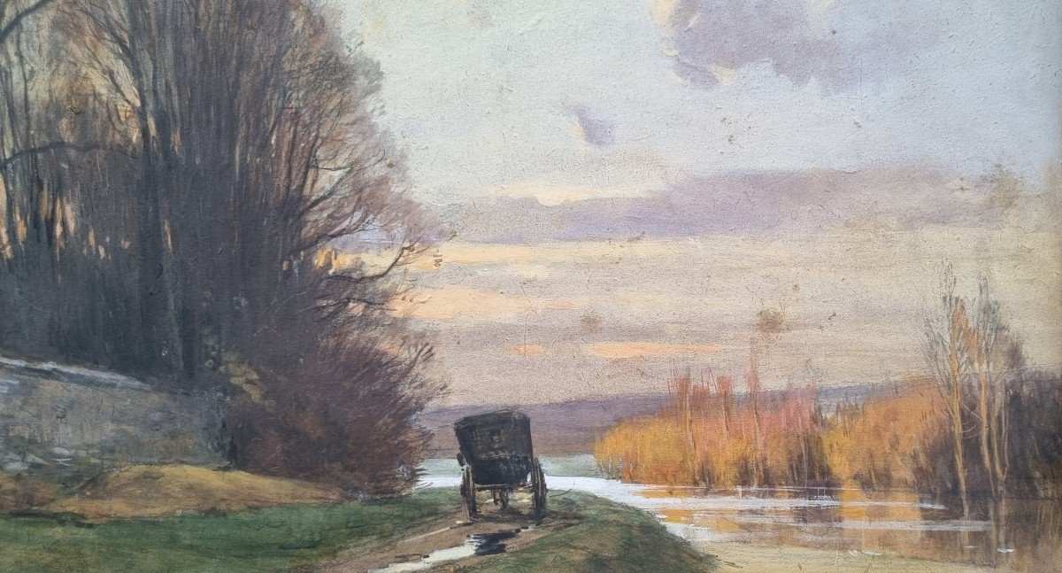 Henri JOURDAIN - Paysage en bord de rivière avec une calèche-photo-3