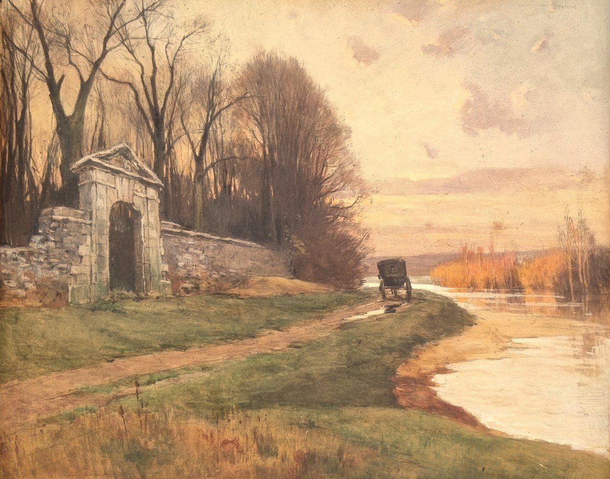 Henri JOURDAIN - Paysage en bord de rivière avec une calèche