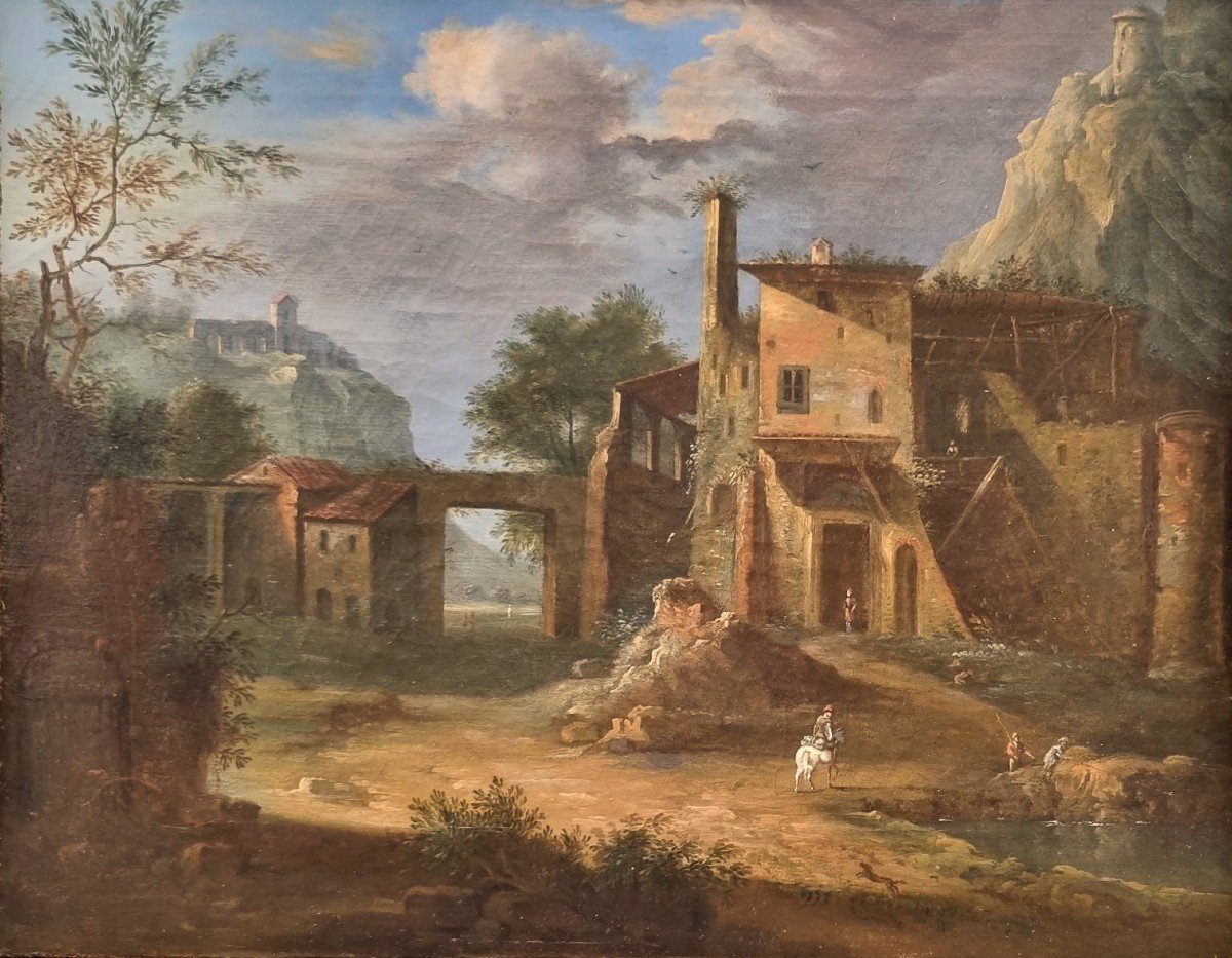 Ecole italienne du XVIIIe siècle -Paysage animé avec une ruine 