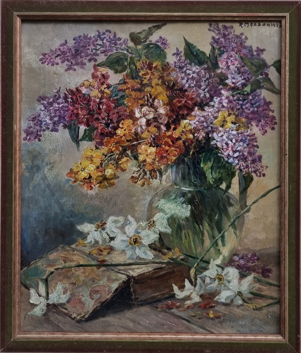 Roger MASSON - Bouquet de lilas près d'un livre-photo-2