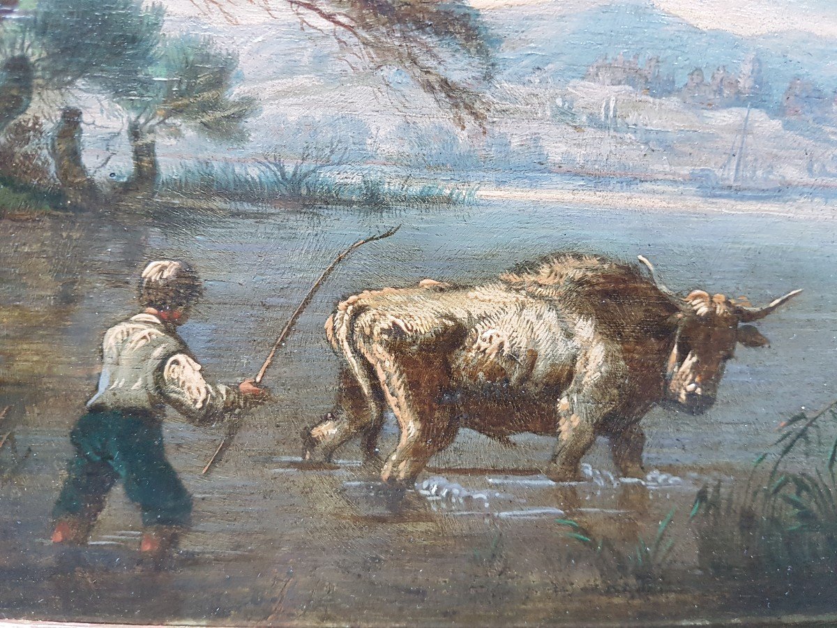 Dutch School (xviiith Century) - Shepherd Taking A Bull Across The River-photo-3