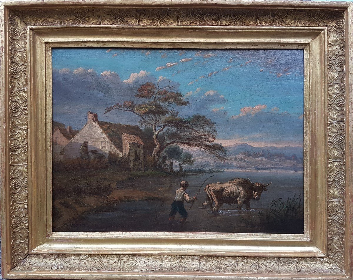 Dutch School (xviiith Century) - Shepherd Taking A Bull Across The River-photo-2