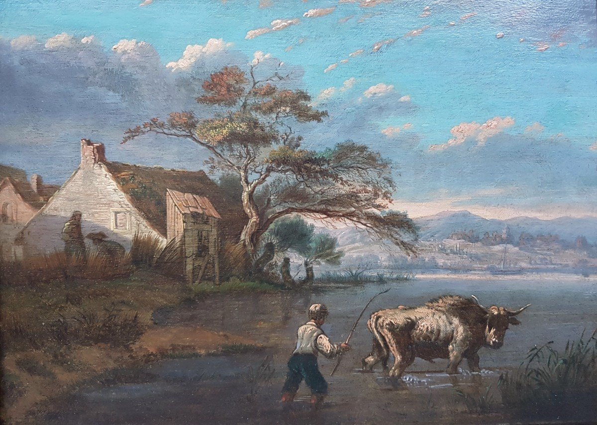 Dutch School (xviiith Century) - Shepherd Taking A Bull Across The River