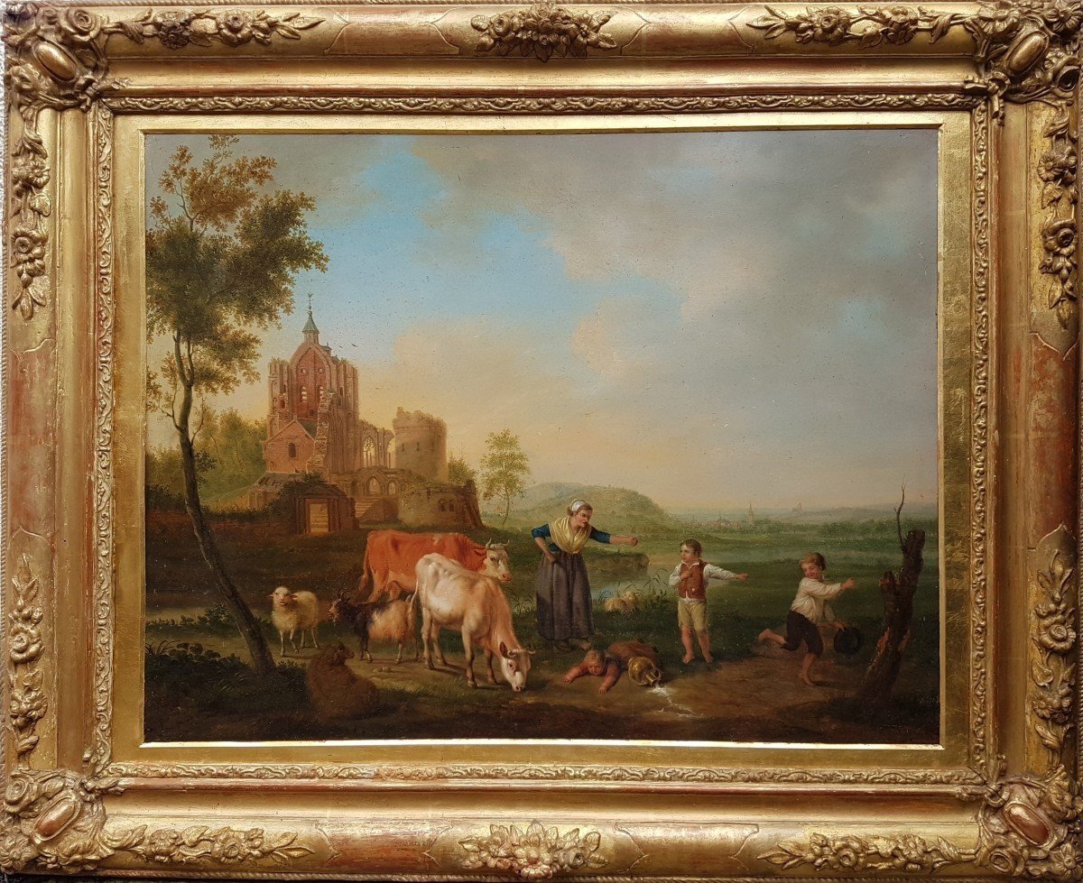 Jacob Van Strij (circle Of) - Landscape With Children, Cattle And A Ruin-photo-2