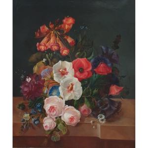 Gabriel DUDAN - Bouquet de roses, digitales, coquelicots, violettes et marguerites