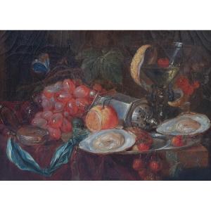 Ecole française du XIXe siècle- Nature morte aux fruits rouges avec une boussole et des huîtres