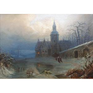 Albert BREDOW - Paysage de neige avec une église au clair de lune