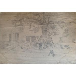 Ecole française du XIXe siècle - Une cour de ferme près de Fontainebleau