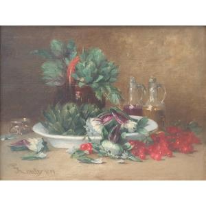 Jean Frédéric Couty - Still Life With Artichokes And Cherries 