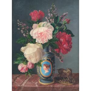 Marc Bruyas - Bouquet Of Roses In A Vase And Sculpture