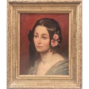 Ecole française autour de 1850 - Portrait d'une femme avec des fleurs dans les cheveux