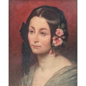 Ecole française autour de 1850 - Portrait d'une femme avec des fleurs dans les cheveux