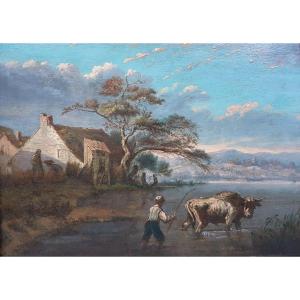 Dutch School (xviiith Century) - Shepherd Taking A Bull Across The River