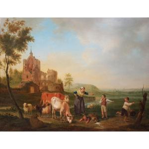 Jacob Van Strij (circle Of) - Landscape With Children, Cattle And A Ruin