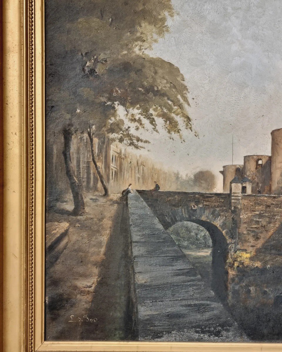 Importante Huile Sur Toile "l'entrée Du Château d'Angers.-photo-3